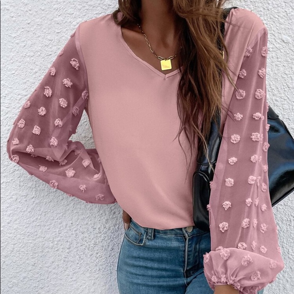 🎀 ELEGANT MUAVE SHEER POLKA DOT SLEEVE LOOSE FIT BLOUSE!